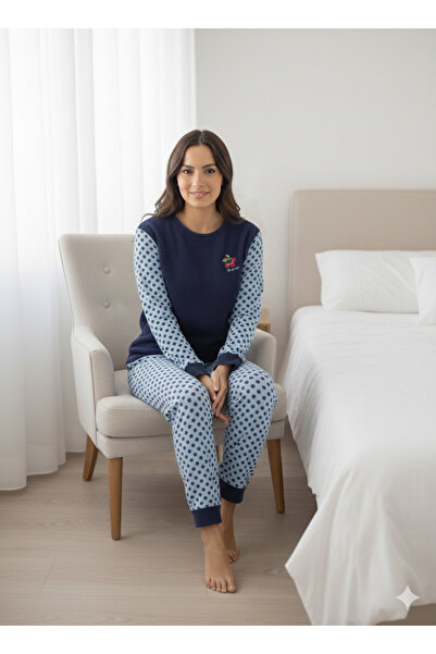 FAMES PİJAMA Winter Fleece Pajama Set Navy Blue Polka Dot