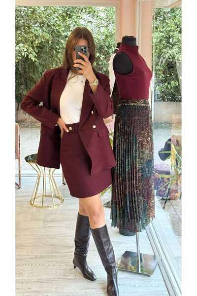 HANER BUTİK Burgundy Tweed Mini Skirt