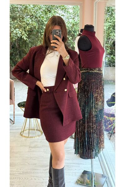 HANER BUTİK Burgundy Tweed Mini Skirt