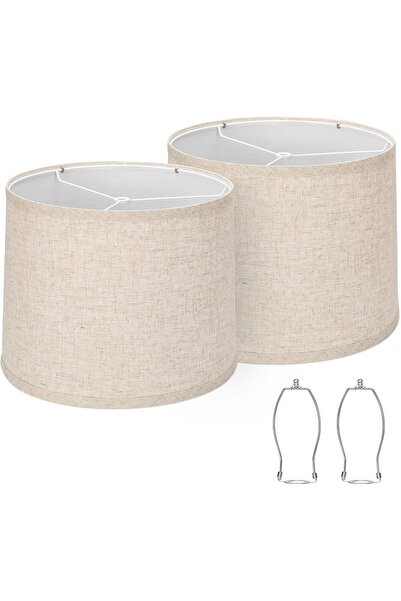 Generic Seaside Village Beige Linen Drum Lampshades Set of 2, 11.6in Top x 12.6in Bottom x 9.8in High