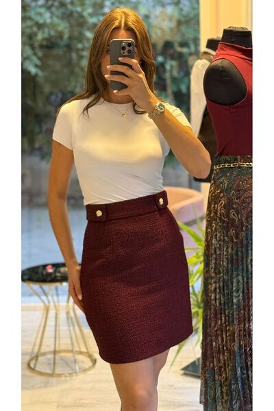 HANER BUTİK Burgundy Tweed Mini Skirt