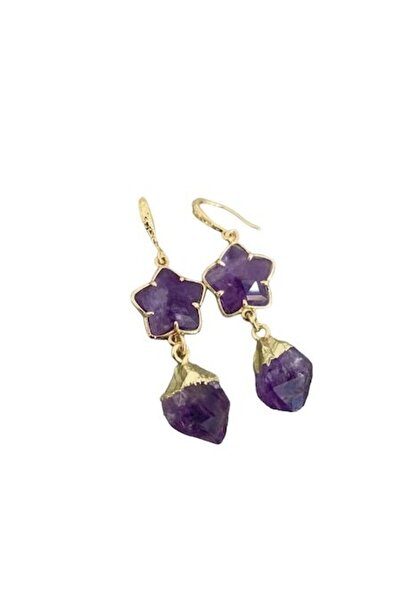 Ezera - Обеци с аметист, необработен камък, позлатени с 18-каратово злато