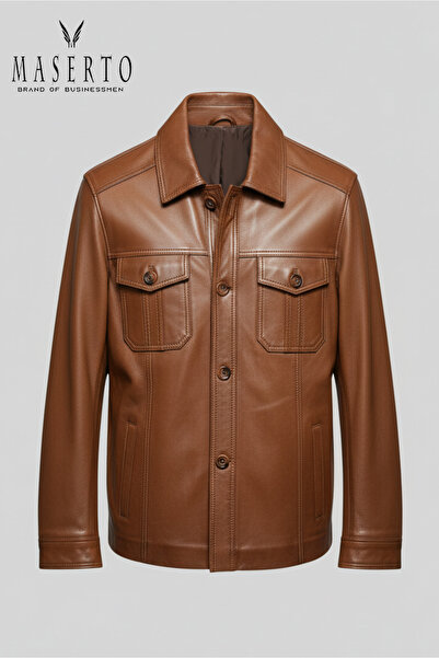 MASERTO Tan Color Shirt Collar Buttoned Jean Jacket Model 100% Genuine Lambsk...