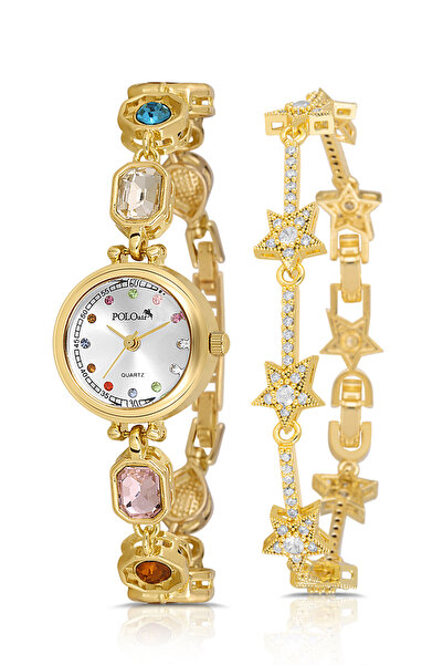 Polo Air ساعة يد نسائية مرصعة بالأحجار الملونة مع سوار على شكل نجمة مزيج من ا...