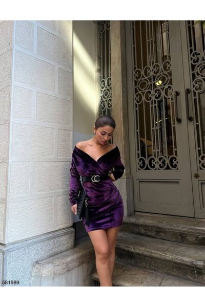 JARDİN ALLURE Women's Long Sleeve Double-Breasted Neckline Off-The-Shoulder Belt Included Mini Velvet Dress