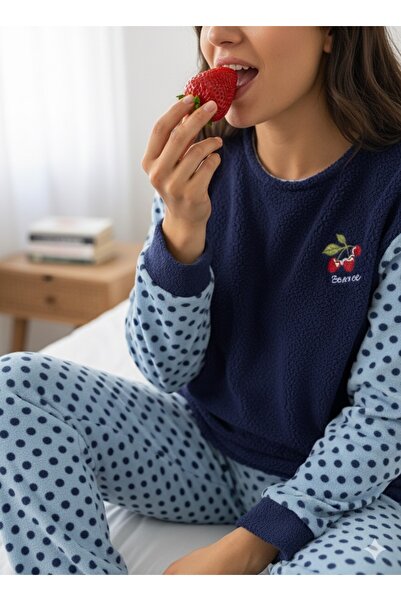 FAMES PİJAMA Winter Fleece Pajama Set Navy Blue Polka Dot