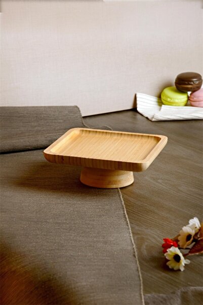 Bayev Bamboo 15 cm Square Footed Presentation Tray 700718 - Wooden Serving Presentation Plate