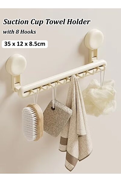 Generic Suction Cup Towel Holder Wall Mounted Towel Rack Towel Bar with 8 Hooks for Kitchen Bathroom