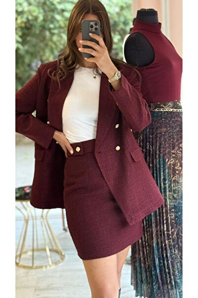 HANER BUTİK Burgundy Tweed Mini Skirt