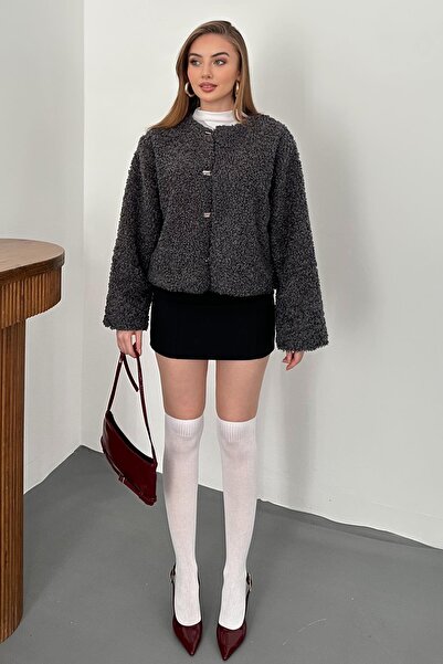 Elbee Fashion Woman Gray Plush Short Jacket