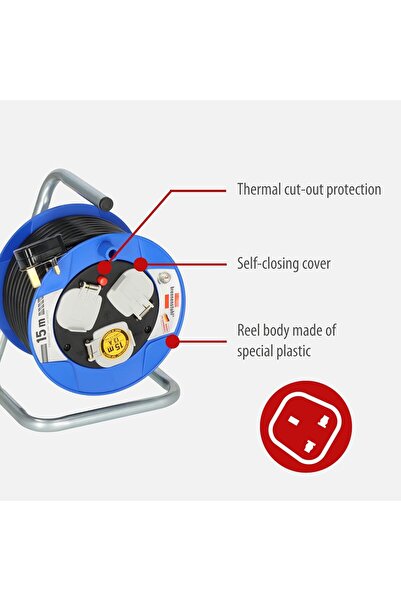 Brennenstuhl Compact 15m Cable Reel with 3-Way Socket (Thermal Cut-Out Protection)