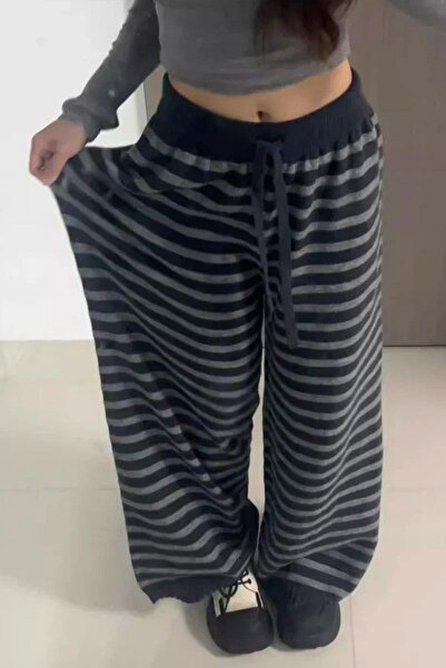 Karakedi Μαύρη ανθρακί ριγέ φόρμα Y2K Unisex με ελαστική μέση