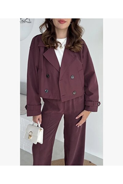 Narstorm Women's Burgundy Crop Short Model Premium Quality Trench Coat