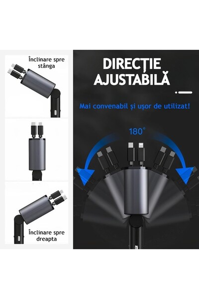 OEM ATOM DEALS 4-in-1 Car Charger 120W, 180° rotation, retractable USB-C & iPhone cable, 800mm, grey
