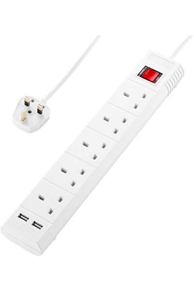 Lawazim 5-Way Extension Power Strip with 2 USB Ports, 5m Cable, On/Off Switch