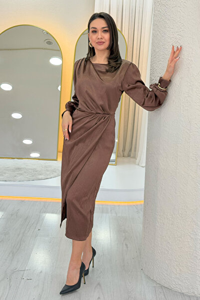 zks grup tekstil Women's Satin Drape Detailed Slit Evening Dress Taba, Burgundy, Green, Black