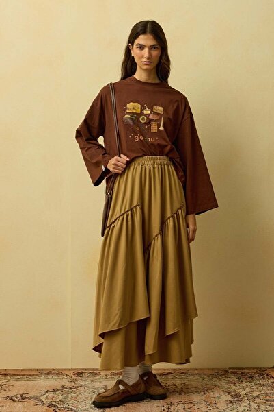 Ceylan Otantik Acı Kahve Glochu Printed Basic Body & Caramel Polyviscon Bohemian Floor Skirt Set