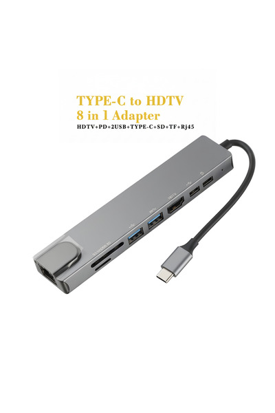 VOREX Type C 8 in 1 Hub Adapter Multiplexer Converter – 87W Pd HDMI Rj45 USB Sd Tf