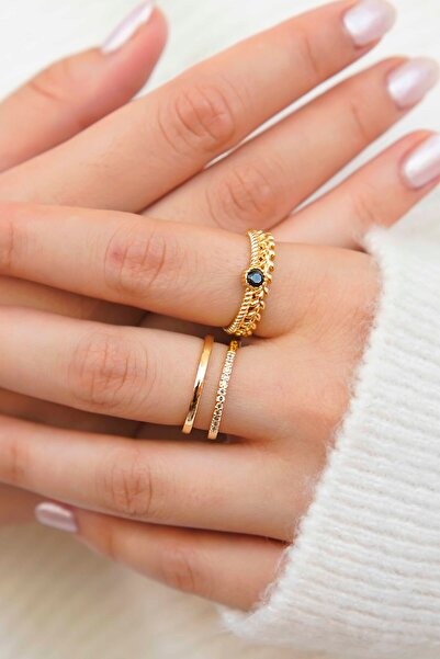 TREND COLLECTİON Altın Renk İnce Taşlı Ayarlanabilir Yüzük Seti – Günlük & Şık