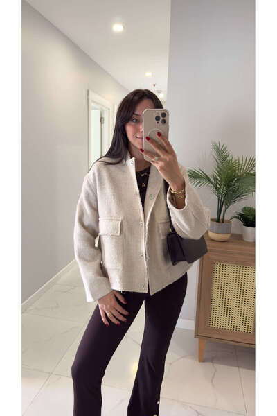 BİRCANÇİL Yorensa Ecru Tweed Jacket with Pocket Detail
