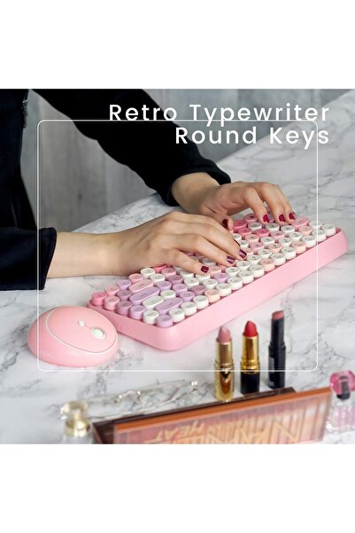 Perixx PERIDUO-713 Wireless Mini Keyboard and Mouse Combo, Retro Round Key Caps, Pastel Pink, US Eng