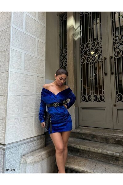 JARDİN ALLURE Women's Long Sleeve Double-Breasted Neckline Off-The-Shoulder Belt Included Mini Velvet Dress