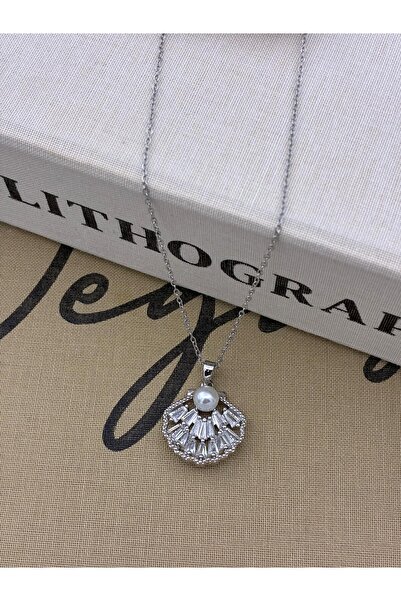 Hedef Bijuteri Steel Silver Color Zircon Stone Pearl Oyster Model Necklace