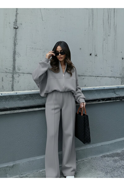 YAKAMEL KADIN 3 İPLİK ÇIMALI BOMBER CEKET EŞOFMAN TAKIMI