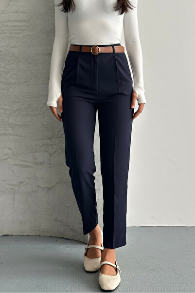 macharel jeans Women's Skinny Leg Pleated Belted Fabric Cigarette Pants