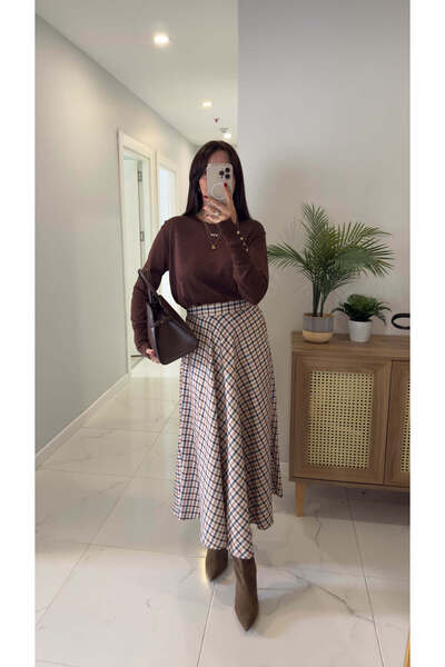 BİRCANÇİL Diessa Beige Plaid Skirt