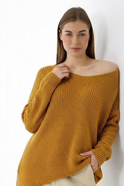 Devinka Women's Mustard Oversized Casual V-Neck Knitwear Sweater