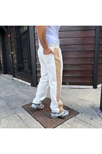 GökTR Men's Three Thread Winter Cotton Side Trim Thick Beige Striped Pocket Sweatpants - White