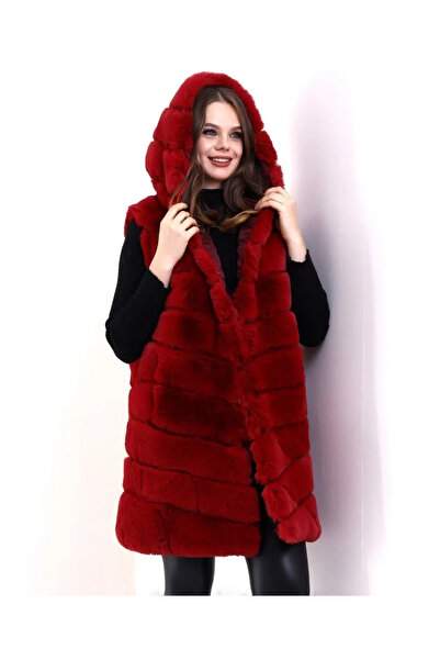 GökTR Women's Hooded Plush Fur Vest Premium Quality, Fully Lined, Long Model - Red