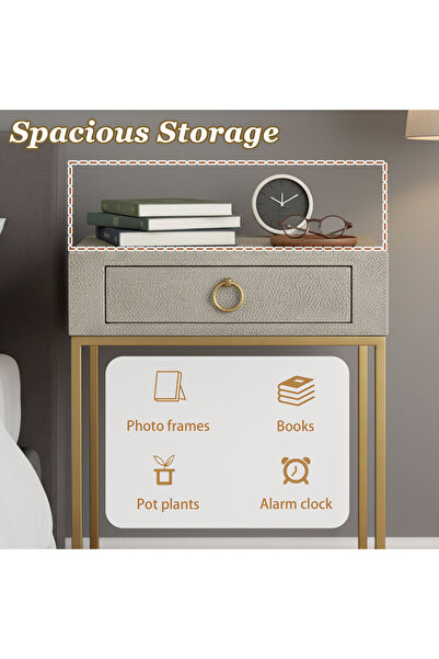 Sinyin Side Table, 46×46×61cm Nightstand with Drawer & Gold Metal Frame,Stylish Storage