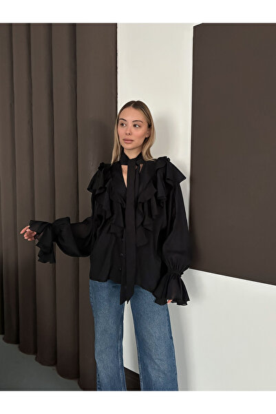 LE CARAMBOLE Women's Black Collar Tie Ruffle Blouse