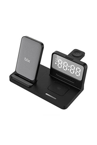Bix BXMW4 15W Kablosuz Şarj Standı iPhone AirPods Akıllı Saat TWS Kulaklık Uyumlu Alarmlı Çoklu Şarj