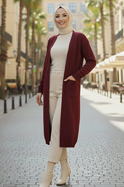 benguen Long Knit Cardigan with Pockets R7145 Burgundy