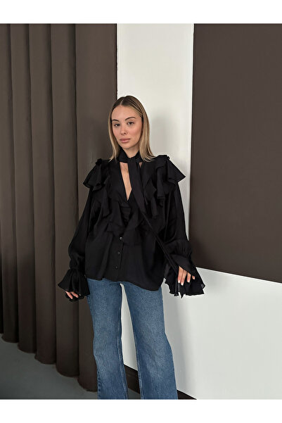 MODAMERSİ Women's Black Collar Tie Ruffle Blouse