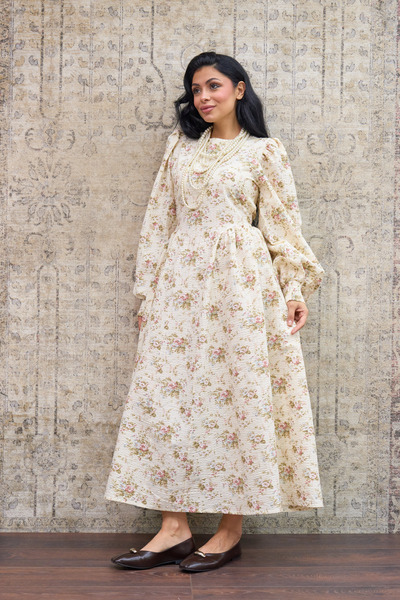 KÜÇÜĞÜM BUTİK Vintage Cream Floral Seersucker Pleated Long Women's Dress