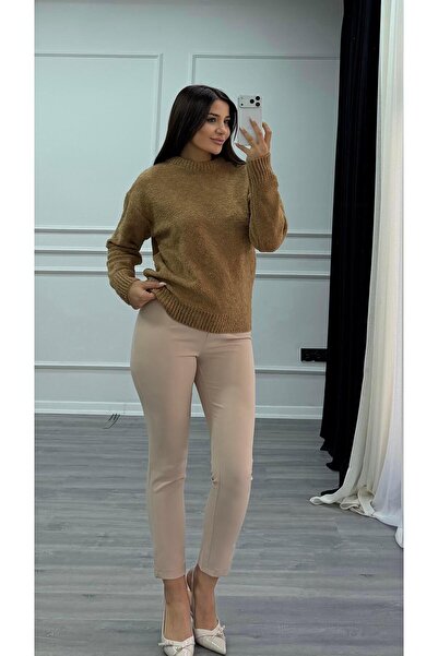 Daves Crew Neck Plain Long Sleeve Women's Knitwear Sweater-Brown
