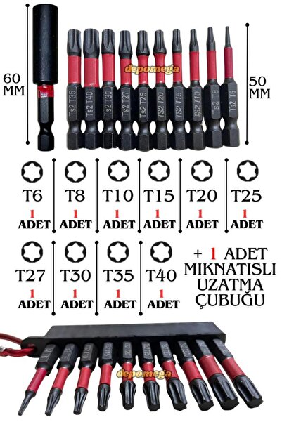 DepoMega 23 Parça Mıknatıslı Bits Uç Yıldız Düz Torx S2 Çelik 50 MM Matkap Uç Bükülebilir Adaptörlü