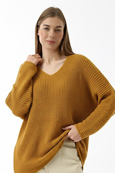 Devinka Women's Mustard Oversized Casual V-Neck Knitwear Sweater