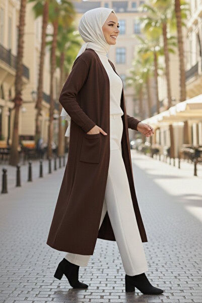 benguen Long Knit Cardigan with Pockets R7145 Brown