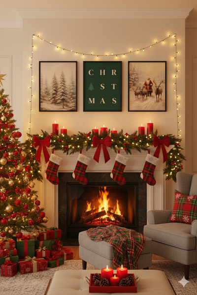 Wooden Factory New Year Themed 3 Piece Framed Painting Set, New Year Themed Wall Decoration