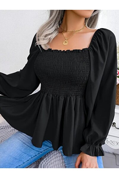 JARDİN ALLURE Women's Long Sleeve Geometric Neckline Gipe Detailed Crepe Blouse