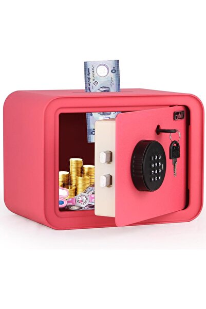RUBIK Piggy Bank Safe with Digital Password and Key Lock (18x24x16cm) - Pink