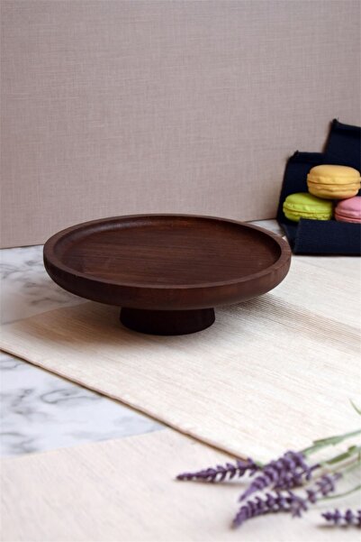 Bayev Bamboo 20 cm Acacia Round Footed Serving Tray 700816 - Wooden Serving Presentation Plate