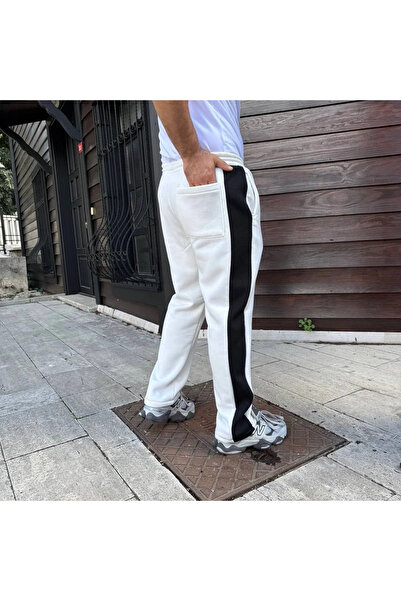 GökTR Men's Three Thread Winter Cotton Side Trim Thick Stripe Pocket Sweatpants - White