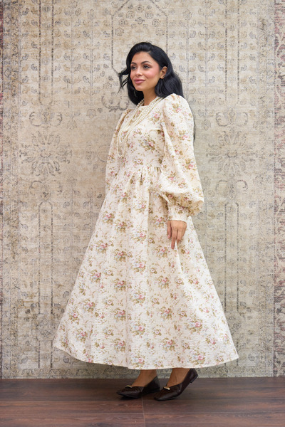 KÜÇÜĞÜM BUTİK Vintage Cream Floral Seersucker Pleated Long Women's Dress