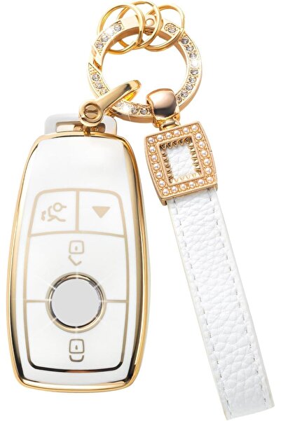 AZONEE Key Fob Cover for Mercedes 4-Button (White with Gold Trim)